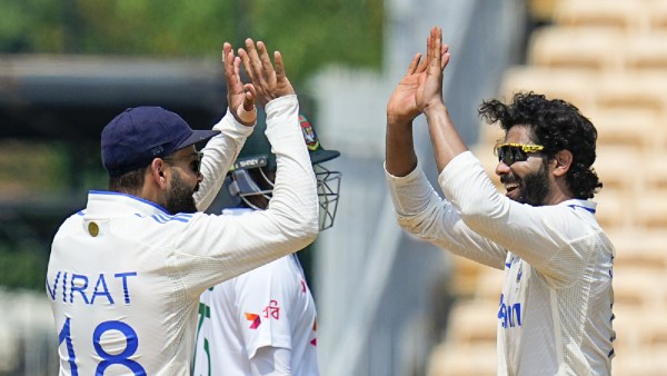 India’s Ravindra Jadeja celebrates with teammates after taking the wicket of Bangladesh's Litton Das on the second day of the first test cricket match between India and Bangladesh, at the MA Chidambaram Stadium, in Chennai,