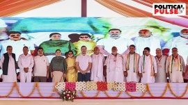 Congress leader Rahul Gandhi with party leaders, Kumari Selja, Bhupinder Singh Hooda, Udai Bhan, Chaudhary Birender Singh and others during a public meeting for Haryana Assembly elections, at Assandh, in Karnal district. (PTI)
