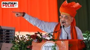 Union Home Minister Amit Shah addresses during a party worker meet ahead of Jammu and Kashmir Assembly elections, in Jammu