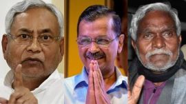 (L-R) Nitish Kumar, Arvind Kejriwal and Champai Soren.