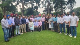 PCMSA doctors with health minister Dr Balbir Singh in Chandigarh on Saturday. (Express Photo)