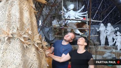 Behala Nutan Dal Puja pandal, to create a structure of the Irish mythology called goddess Danu.(Express Photo by Partha Paul)