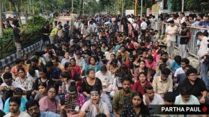 Junior Doctors during a protest near Swastha Bhavan in Saltlake ,Kolkata in connection with rape and murder of a junior doctor in RG Kar medical college and hospital. (Express Photo)