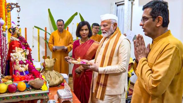 PM Modi at Chief Justice of India D Y Chandrachud’s residence in New Delhi for Ganesha Puja.