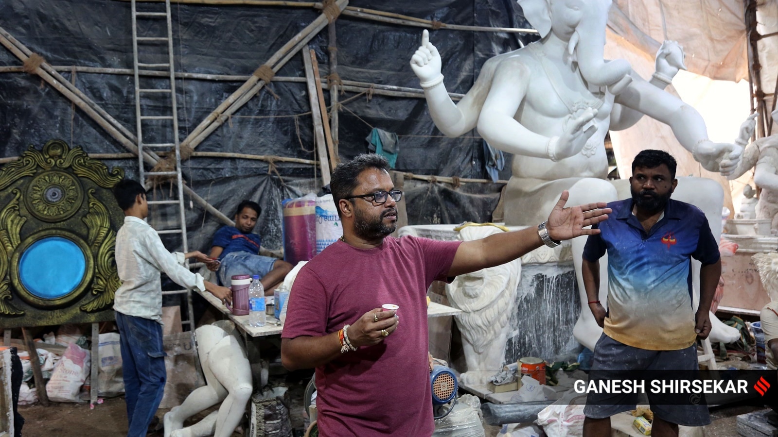 Santosh Kambli at his workshop in Mumbai, Lalbaugcha Raja