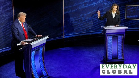 U.S. Vice President Kamala Harris, speaks during a presidential debate hosted by ABC as former U.S. President Donald Trump, listens, in Philadelphia, Pennsylvania, a key swing state.
