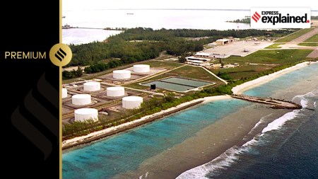 Fuel tanks at the edge of a miltary airstrip on Diego Garcia, largest island in the Chagos archipelago and site of a major United States military base in the middle of the Indian Ocean leased from Britain.