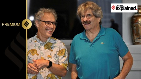 UMass Chan Medical School Professor Victor Ambros, left, and Harvard Medical School professor and an investigator at the Massachusetts General Hospital Gary Ruvkun, right, winners of the 2024 Nobel Prize in Physiology or Medicine for the discovery of microRNA and its role in gene regulation, celebrate their collaboration in the University of Massachusetts Office of the President in Boston, Massachusetts, U.S. October 7, 2024.