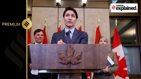 Canada's Prime Minister Justin Trudeau at a press conference about the Royal Canadian Mounted Police's investigation into "violent criminal activity in Canada with connections to India", on October 14, 2024.