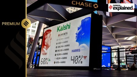 Images of U.S. Presidential candidates Donald Trump and Kamala Harris are displayed before Trump's rally at the Madison Square Garden in New York City, U.S., October 26, 2024.
