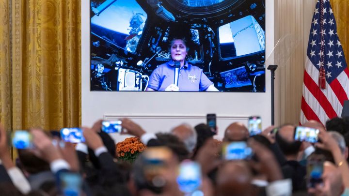 Sunita "Suni" Williams, a retired U.S. Navy serviceman  & NASA astronaut, speaks astir  Diwali via video from the International Space Station, astatine  a reception celebrating Diwali hosted by President Joe Biden, successful  the East Room of the White House successful  Washington, Monday, Oct. 28, 2024. (AP Photo/Ben Curtis