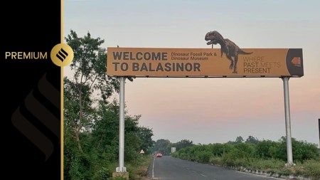 A signboard welcoming visitors to the fossil park in Raiyoli, Balasinor. (Express photo: Aditi Raja)