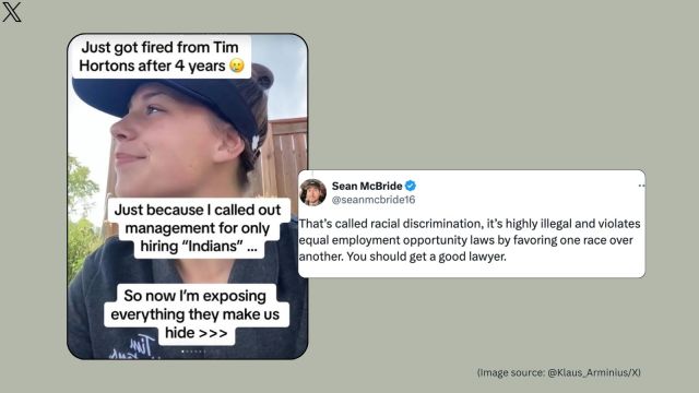 Canadian woman makes claims on Tim Horton's hiring practices (Image source: @Klaus_Arminius/X)