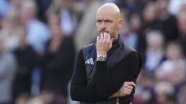 Manchester United manager Erik ten Hag on the touchline during the English Premier League soccer match between West Ham United and Manchester United at the London Stadium in London, Sunday, Oct. 27, 2024. (PA via AP)