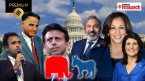 Left to right, Vivek Ramaswamy, Dalip Singh Saund, Bobby Jindal, Ami Bera, Kamala Harris, Nikki Haley (Edited by Abhishek Mitra)