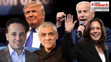Left to right, David O. Sacks, Donald Trump, Vinod Khosla, Joe Biden, Kamala Harris (Edited by Abhishek Mitra)
