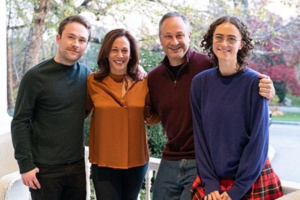 Kamala Harris with family. Left to right, Cole Emhoff, husband Doug Emhoff and Ella Emhoff (Source: Wikimedia Commons)