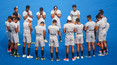Players of the Indian hockey team during a practice session one day before the 1st game of the India vs Germany Bilateral Hockey Series 2024 at Major Dhyan Chand National Stadium, in New Delhi on Tuesday. EXPRESS PHOTO BY PRAVEEN KHANNA