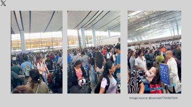 Passengers wait in long queues at Bengaluru airport as IndiGo faces tech glitch (Image source: @navneet77009273/X)