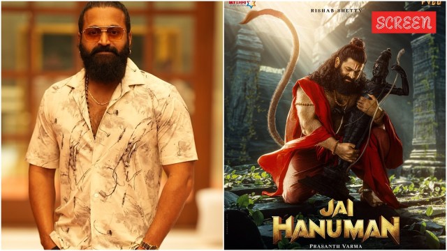 Jai Hanuman first look poster: In the picture, Rishab Shetty, in Hanuman getup, is seen kneeling with an idol of Lord Ram in the centre of what appears to be an abandoned temple.