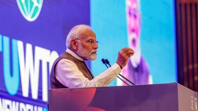 Prime Minister Narendra Modi addresses during the inauguration of the 8th ITU's telecom standard meet in New Delhi, Tuesday, October 15, 2024.