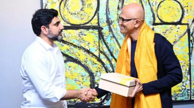 Andhra Minister Lokesh Nara meets Microsoft CEO Satya Nadella at the Microsoft headquarters in Redmond, Washington.