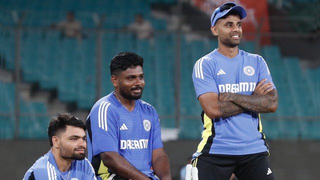 Captain Suryakumar Yadav, Sanju Samson and Rinku Singh during a signifier    session. (X)