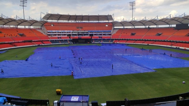  Heavy rainfall  deed  the Rajiv Gandhi Stadium successful  Hyderabad connected  Friday. (Express Photo by Tanishq Vaddi)