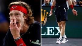 Rublev routinely shouted at himself, cursed and smashed his racquet against his left knee at least seven times in succession. (Reuters)