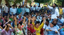 up in arms: During the contractual workers’ strike near PGIMER director’s office in Chandigarh on Friday. Kamleshwar Singh