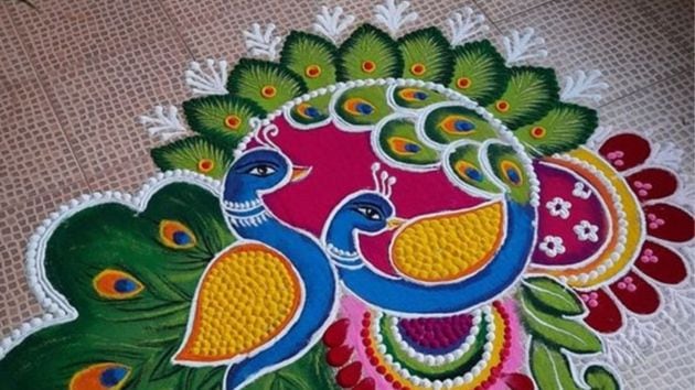 Rangoli designs are typically inspired by nature, mythology, and cultural motifs. (Source: Pinterest)