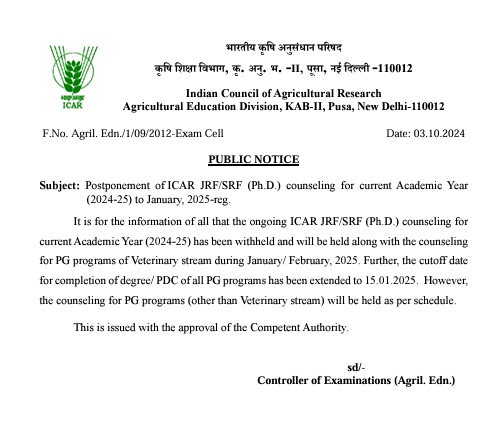 ICAR postpones JRF & SRF counselling for current academic year
