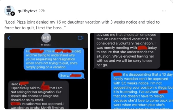 Father texts daughter's boss over leave request