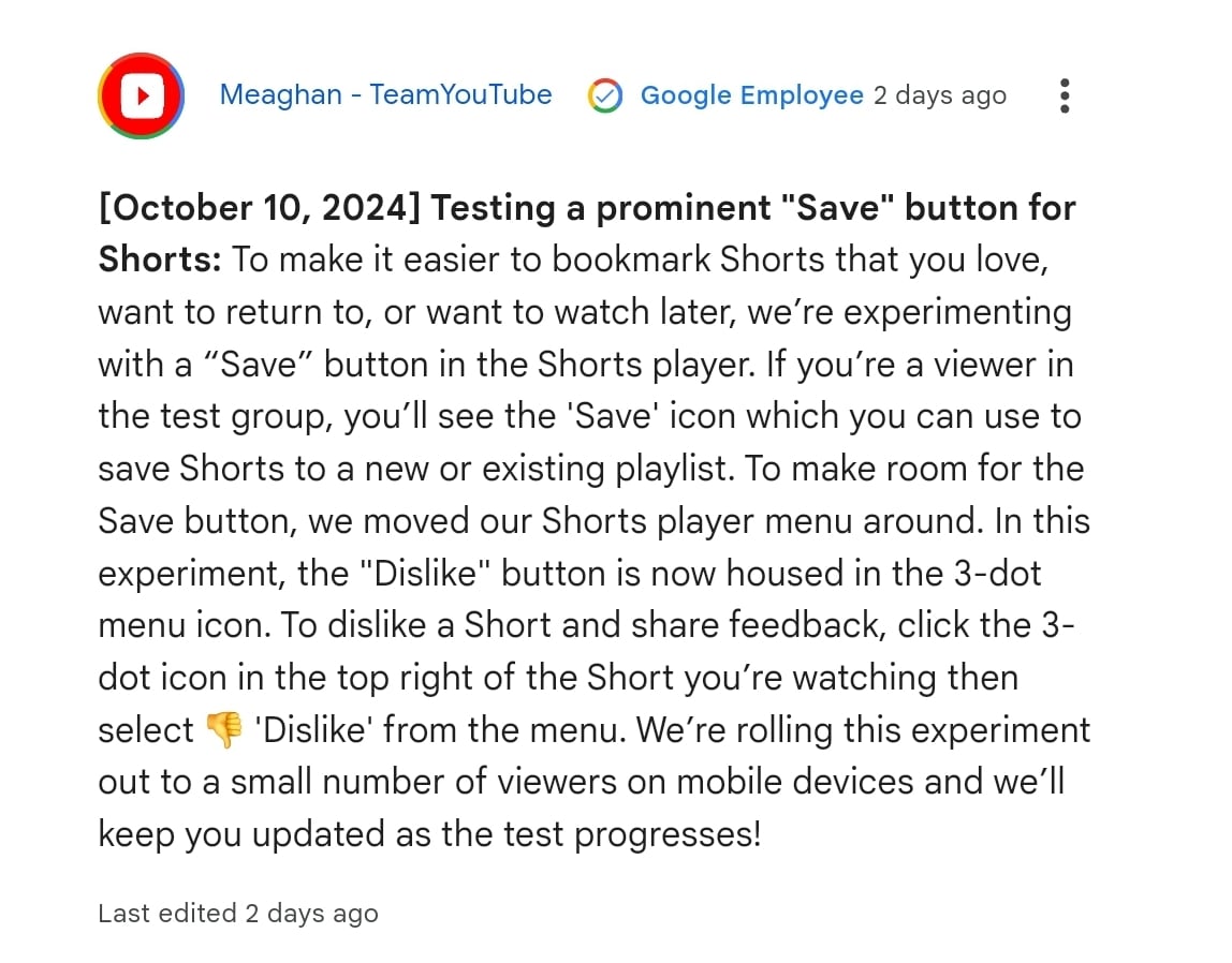 YouTube says the change is currently limited to a few users.