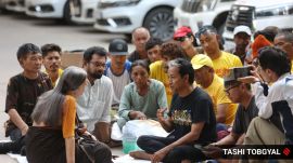 Ladakh Environmental Activist Sonam Wangchuk meets Left leaders Brinda Karat and John Brittas during their ongoing hunger strike at the Ladakh Bhavan in New Delhi on Monday. Express Photo by Tashi Tobgyal