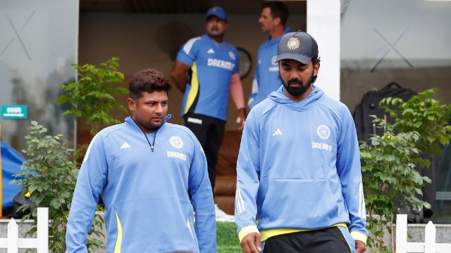 Sarfaraz Khan and KL Rahul during the archetypal  Test successful  Bengaluru. (Sportzpics)