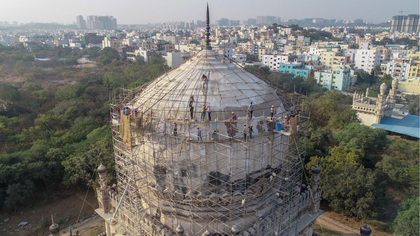 Plaster repairs and restoration connected  the dome.