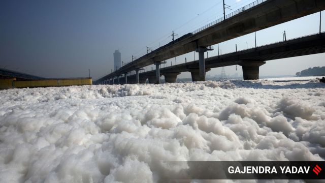 As Delhi grapples with rising aerial  pollution, toxic foam was seen floating connected  the Yamuna River successful  the Kalindi Kunj country  connected  Saturday. Express Photo by Gajendra Yadav.