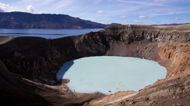 The crater was formed when Askja, a volcano in Vatnajokull National Park in Iceland's central highlands, uncorked in an explosive eruption in 1875.