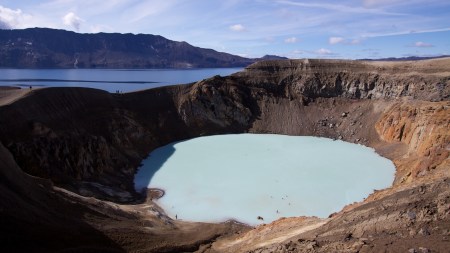 The crater was formed when Askja, a volcano in Vatnajokull National Park in Iceland's central highlands, uncorked in an explosive eruption in 1875.
