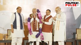 Prime Minister Narendra Modi, Home Minister Amit Shah, Party President JP Nadda and Defence Minister Rajnath Singh during the victory celebration at the BJP headquarters in New Delhi. (Express Photo by Tashi Tobgyal) Prime Minister Narendra Modi, Home Minister Amit Shah, Party President JP Nadda and Defence Minister Rajnath Singh during the victory celebration at the BJP headquarters in New Delhi. (Express Photo by Tashi Tobgyal)