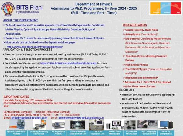 Bits hyderabad campus starts phd admissions for physics; last date nov 18