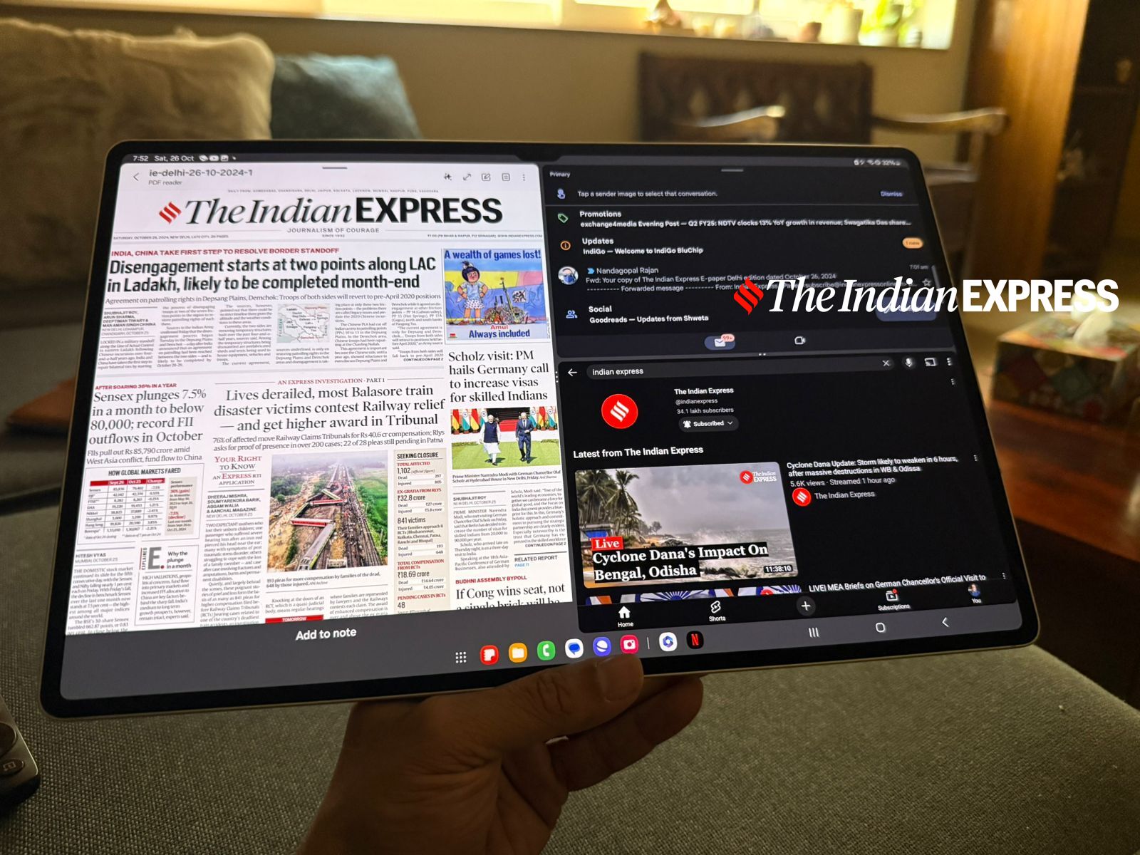 Samsung Galaxy Tab S10 Ultra 5G features multitasking capabilities with a beautiful 14.6-inch AMOLED display. (Image: Nandagopal Rajan/The Indian Express)