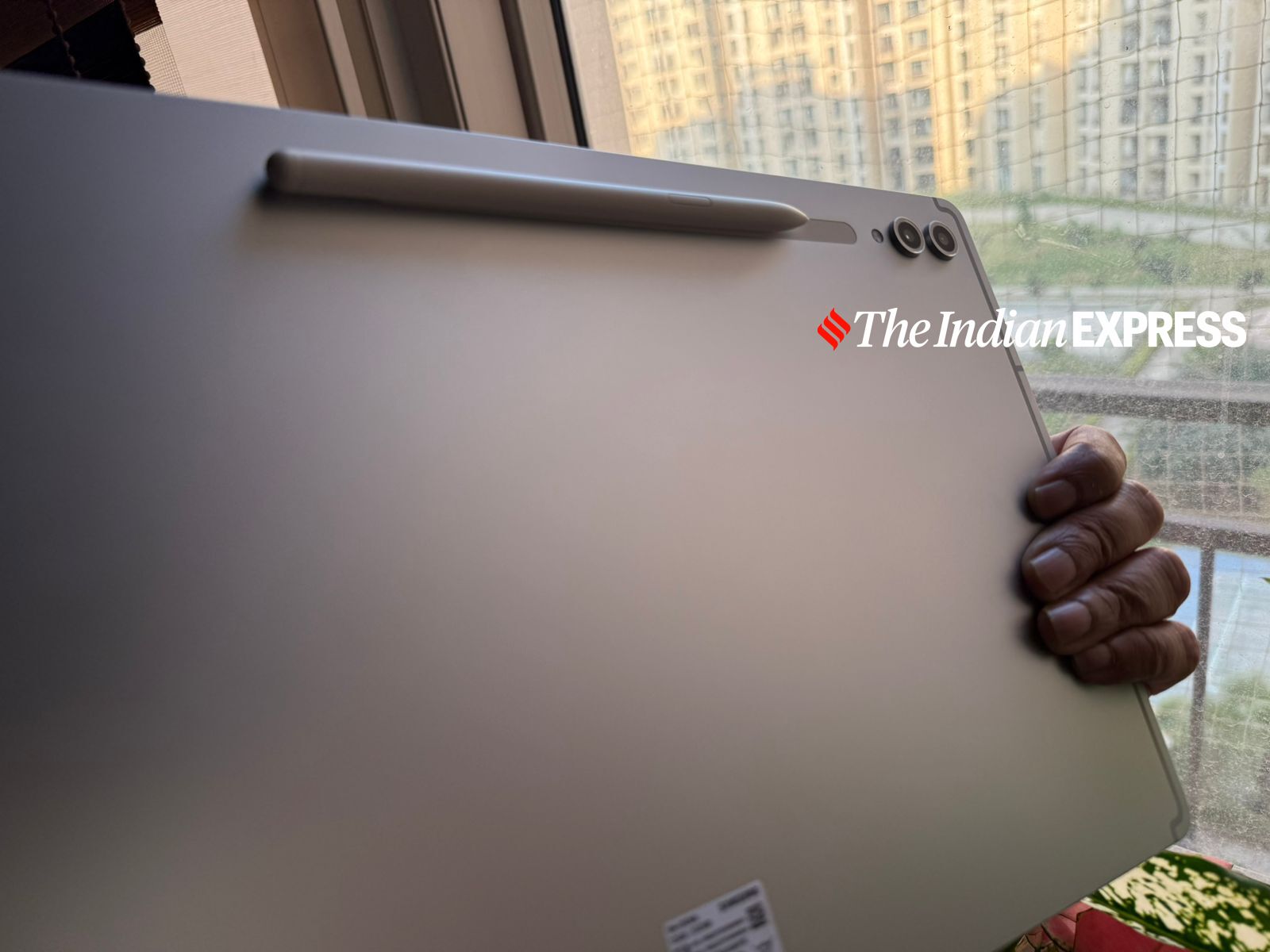 The back of the Galaxy Tab S10 Ultra 5G with the improved S-Pen magnetically attached. (Image: Nandagopal Rajan/The Indian Express)