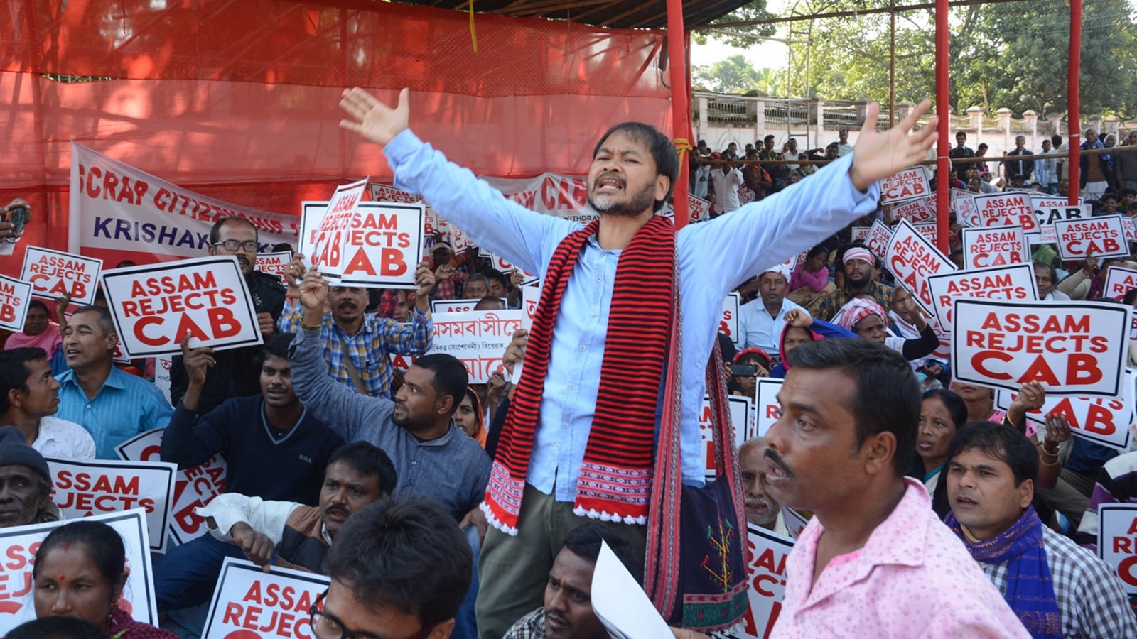 Akhil Gogoi at an anti-CAA protest in Assam in December 2019. (Express file photo)