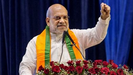 Union Home Minister Amit Shah addresses BJP workers during the BJP cadre dialogue meeting, in Mumbai.
