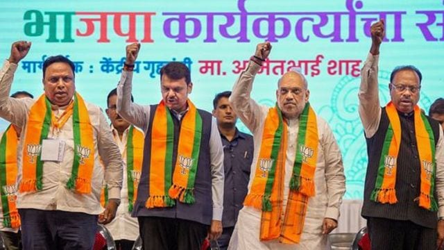 Minister of Home Affairs Amit Shah along with Maharashtra Deputy Chief Minister Devendra Fadnavis, Maharashtra BJP President Chandrashekhar Bawankule and Mumbai BJP President Ashish Shelar during the BJP party workers' meet, in Mumbai