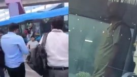 Passengers of the BMTC bus seen rushing out of the vehicle after a man allegedly stabbed the bus conductor at Whitefield in Bengaluru on October 2, 2024.