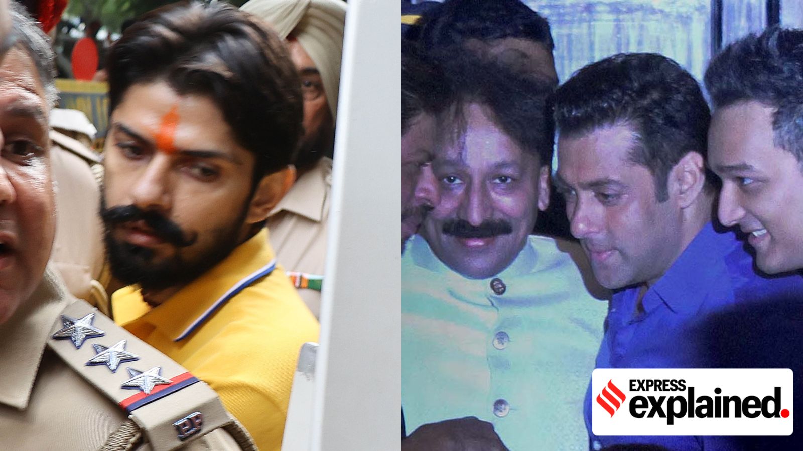 Jailed gangster Lawrence Bishnoi (L); late politician Baba Siddique with Bollywood actor Salman Khan (R). (Express file photos)
