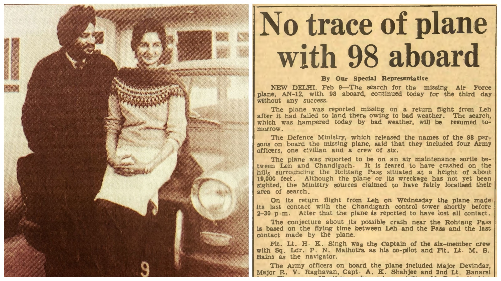 Navigator Flt Lt MS Bains with his wife Parminder; The Indian Express report from February 10, 1968. (Express Archives)